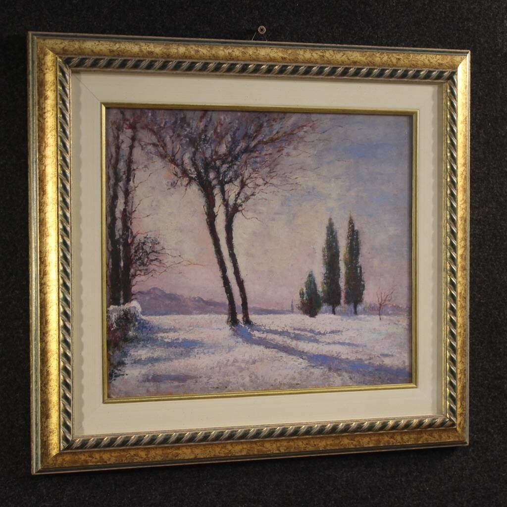 Peinture de paysage enneigé italien signée et datée de 1932.