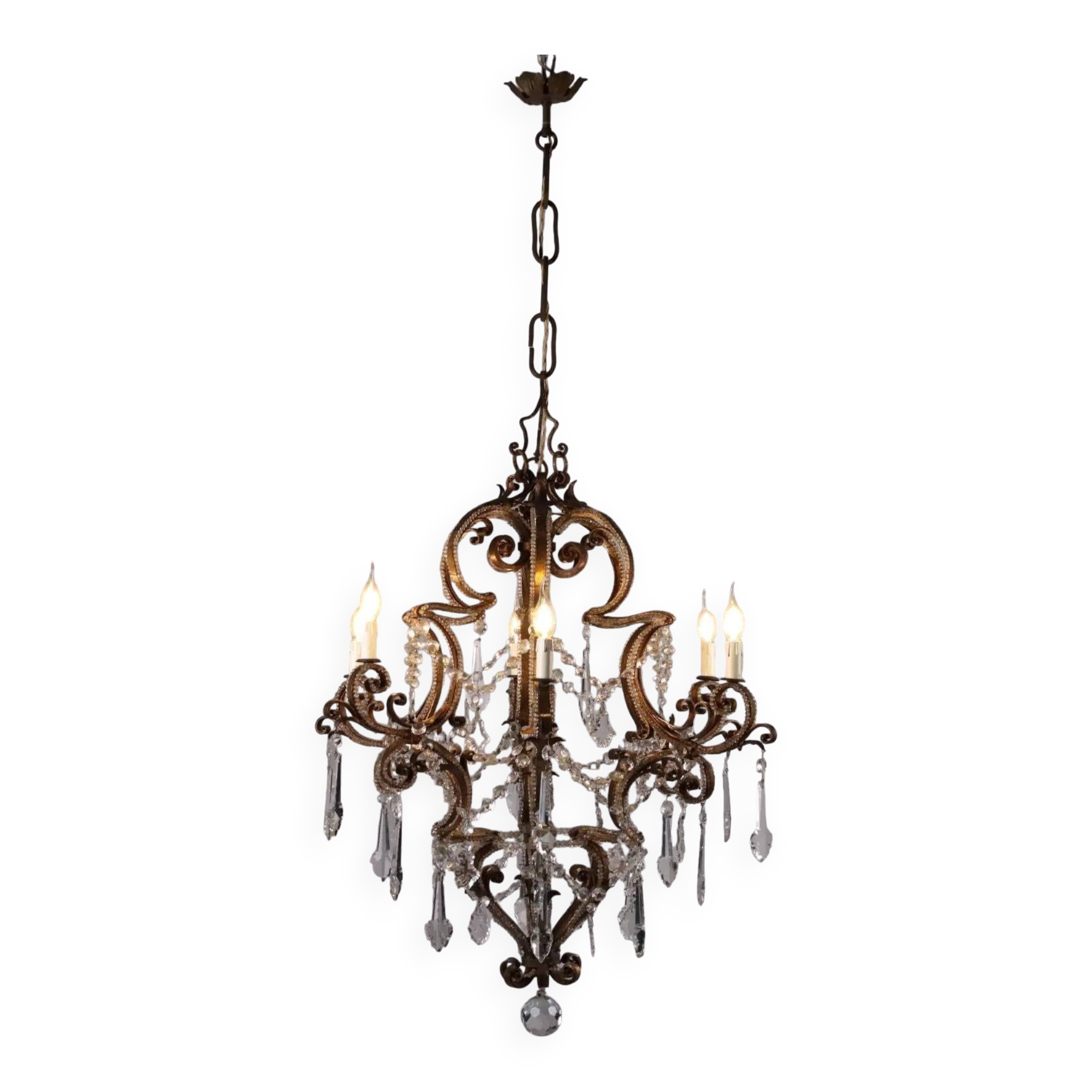 Antique 6-light wrought iron chandelier, Italy, 19th century