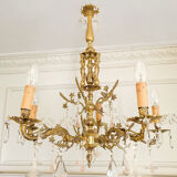 Lustre ancien en bronze à 5 bras avec verre de Murano rose et cristal