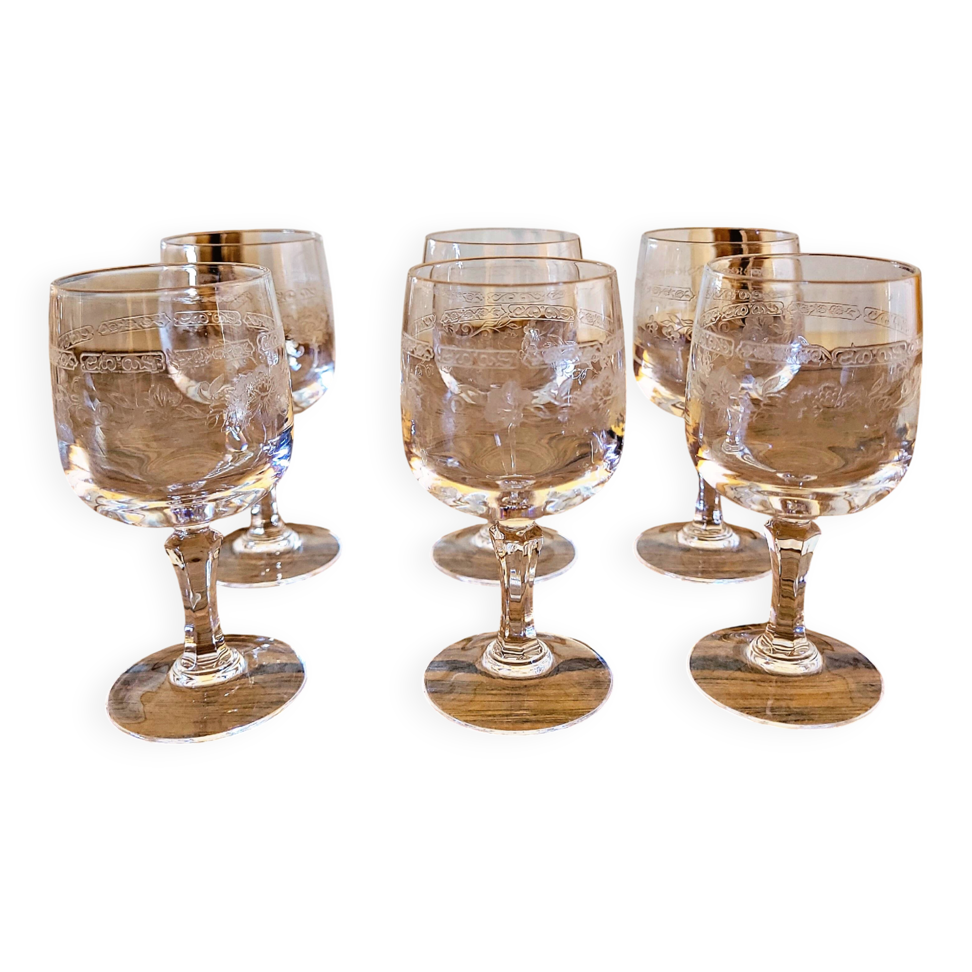 6 Cristal Arques Matignon liqueur glasses, engraved crystal