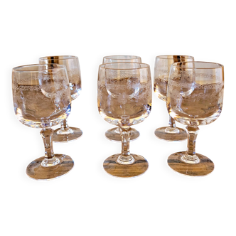 6 Cristal Arques Matignon liqueur glasses, engraved crystal