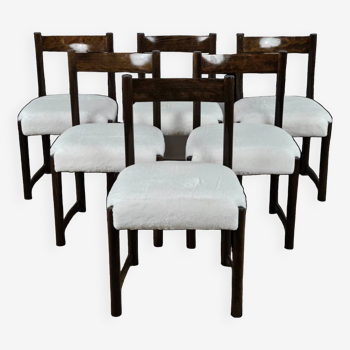 Beech dining room chairs with teddy bear-style white fur seat, 1970