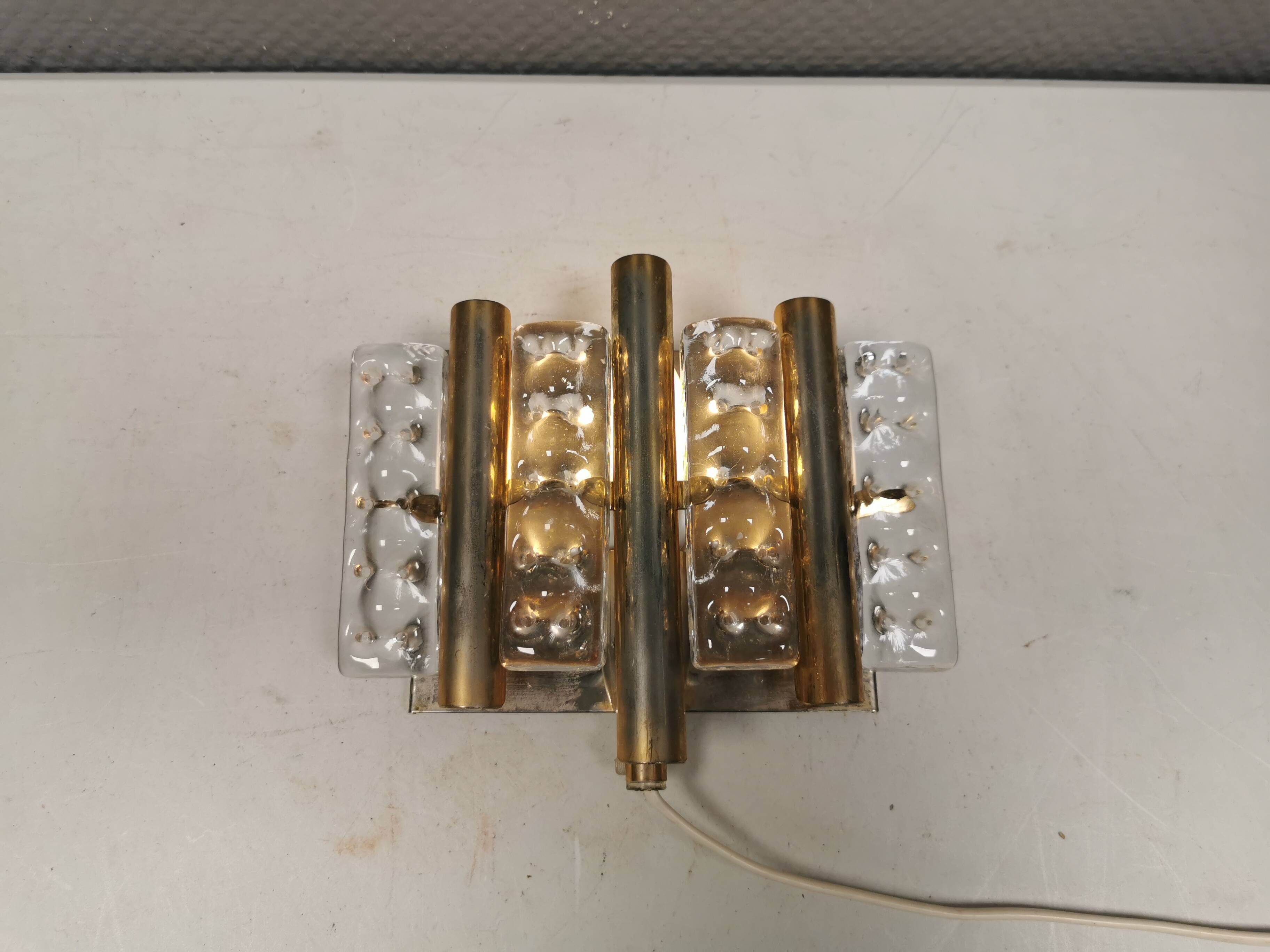 Old Swedish wall lamp, made of hard pressed glass, brass and metal 1960s