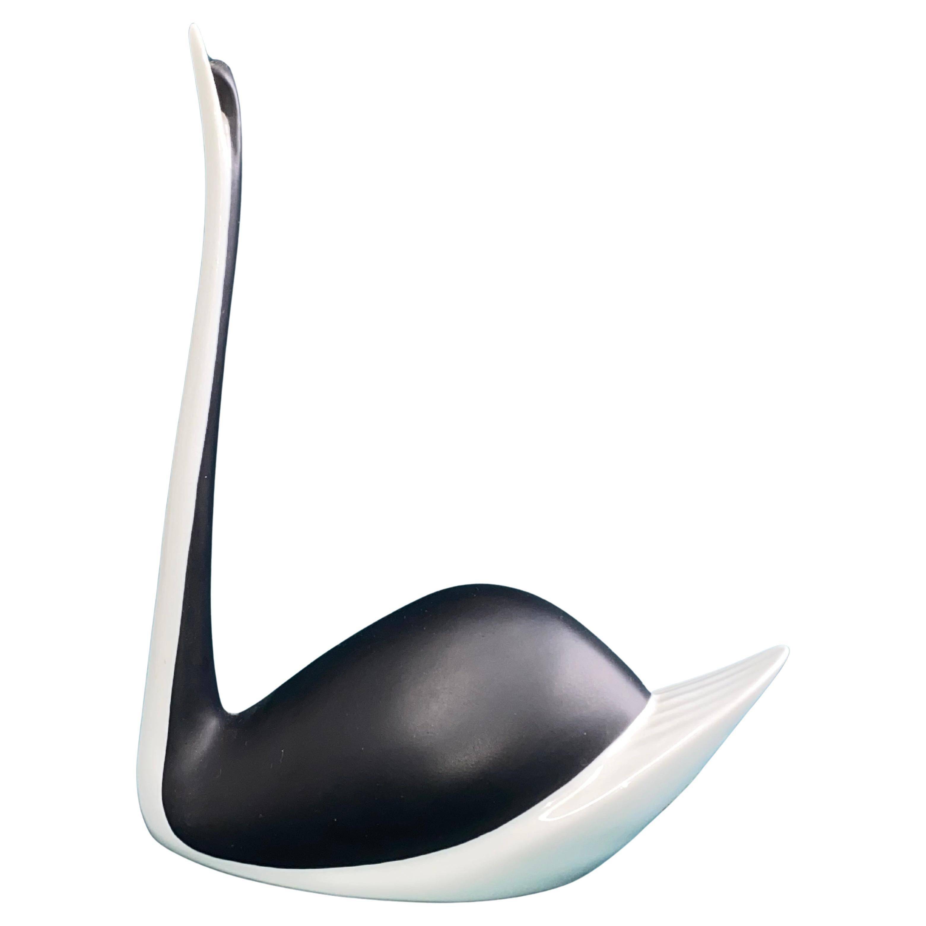 Black and white porcelain swan figurine from Czechoslovakia by Jaroslav Jezek Royal Dux 1960s
