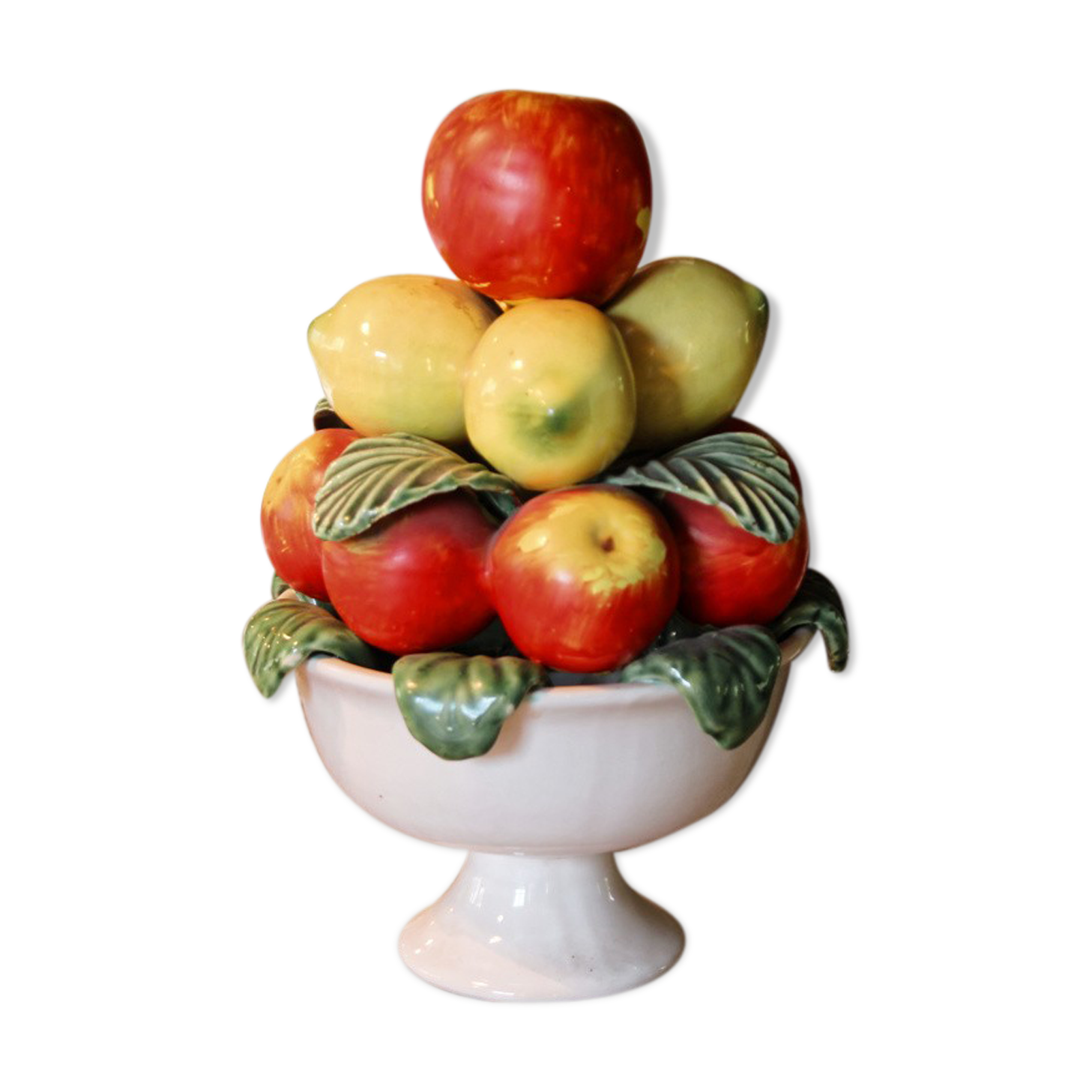Fruit cup trompe l'oeil in ceramic, apples and lemons