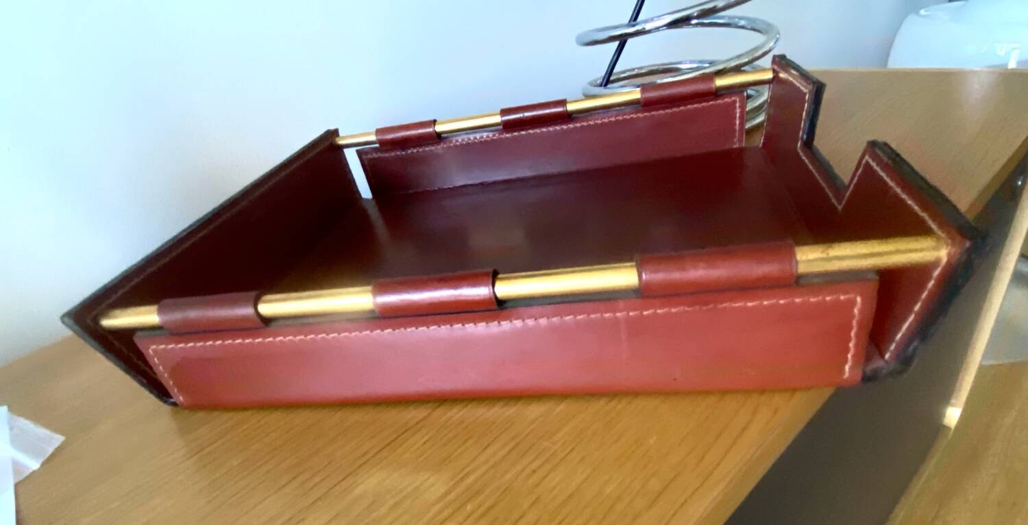 Vintage leather and brass office mail holder by Longchamp