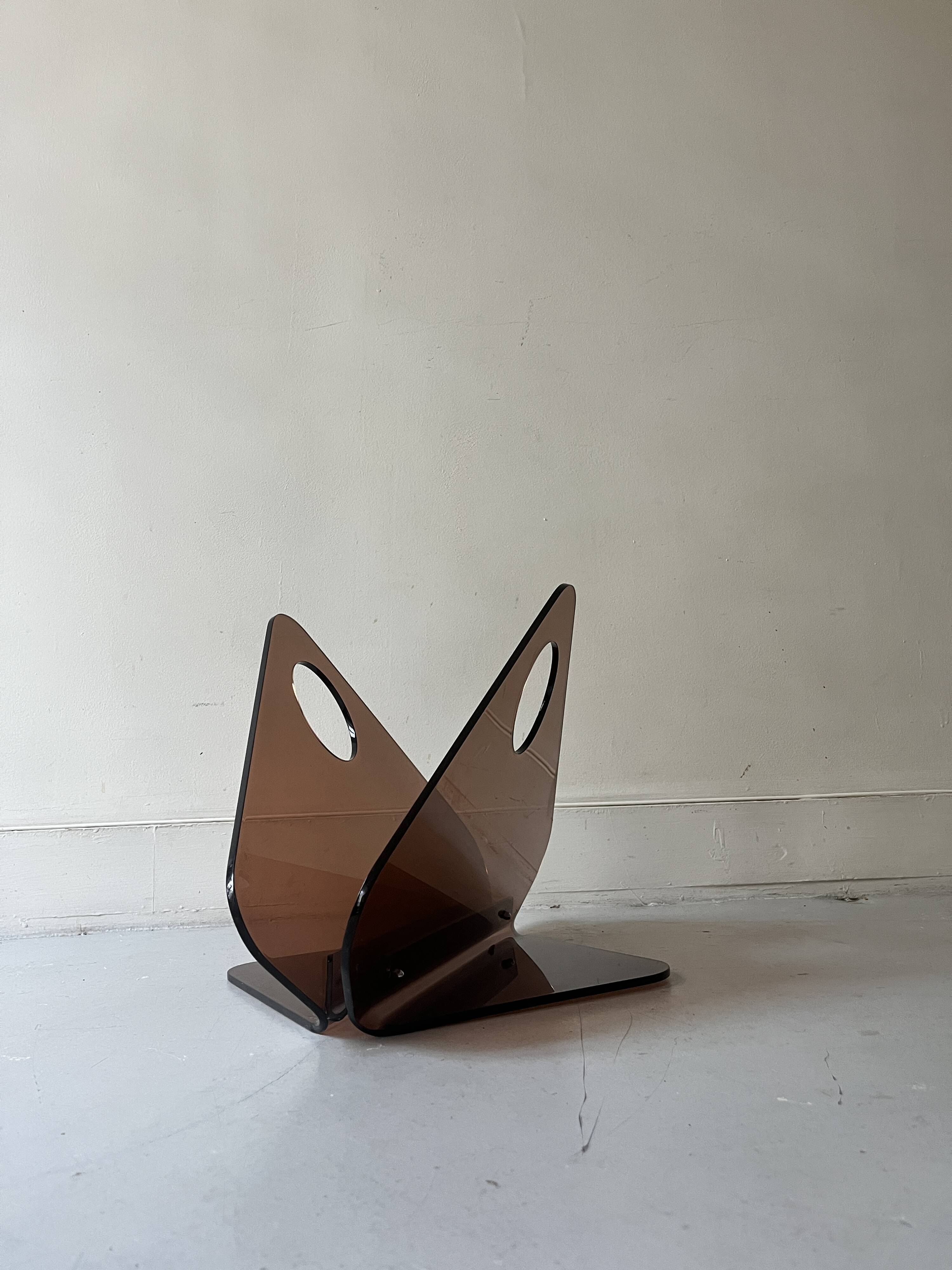 magazine holder in smoked plexiglass, design 1970