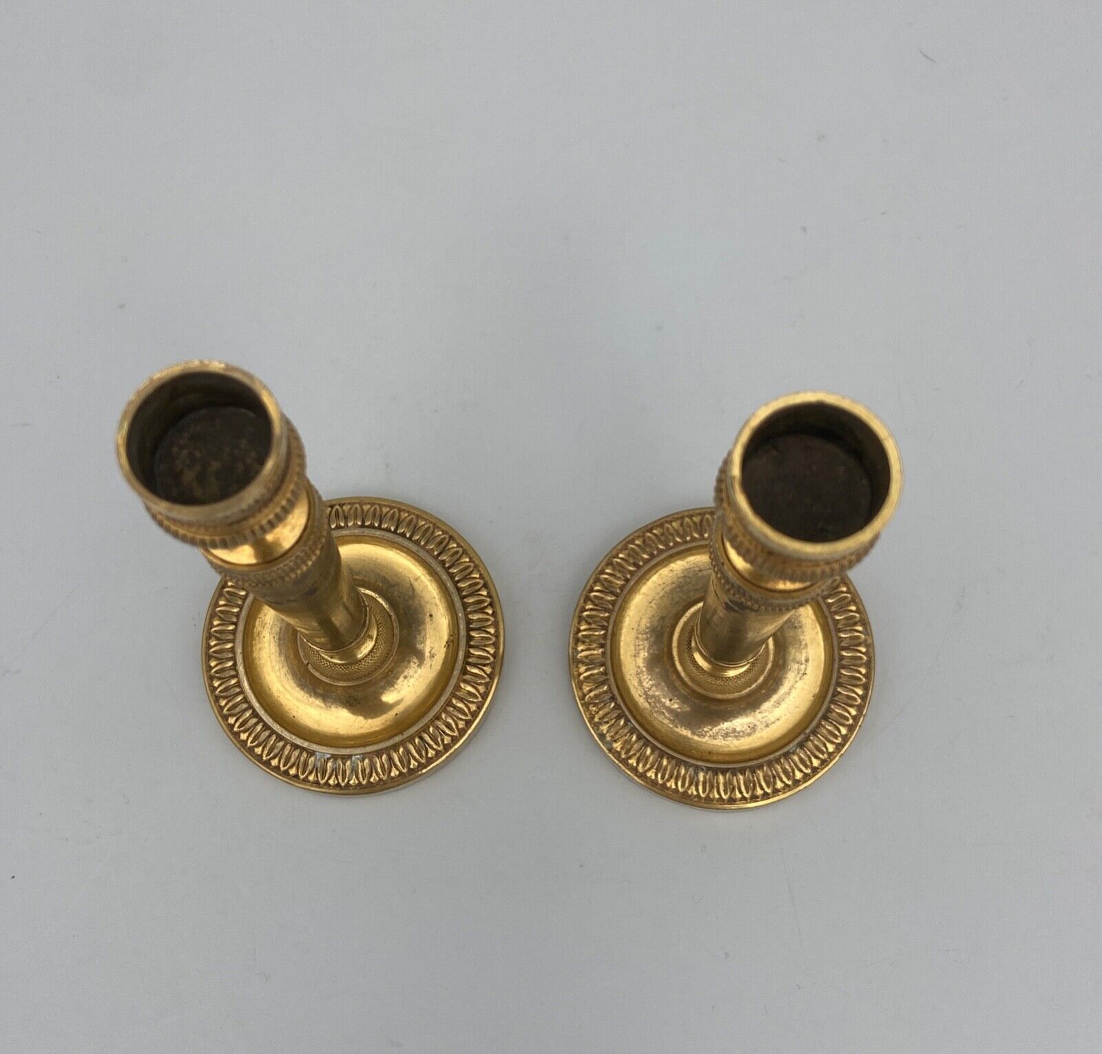 Pair of miniature candle holders in bronze dore restoration period nineteenth