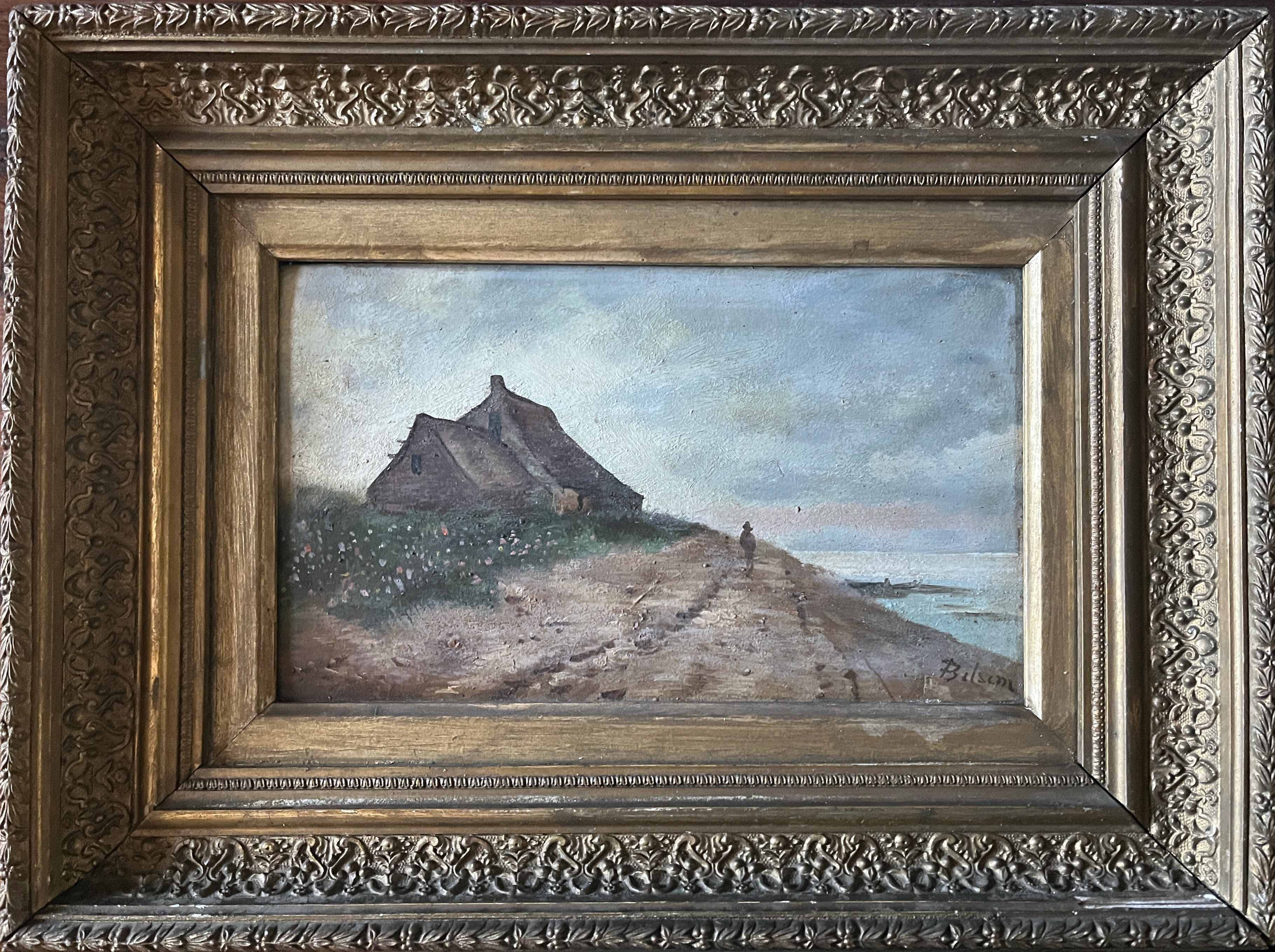 HST painting "Bord de mar" Animated seascape with thatched cottage signed Bilson XIX° + frame