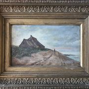 HST painting "Bord de mar" Animated seascape with thatched cottage signed Bilson XIX° + frame