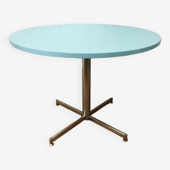 Table ronde vintage chrome et formica bleu
