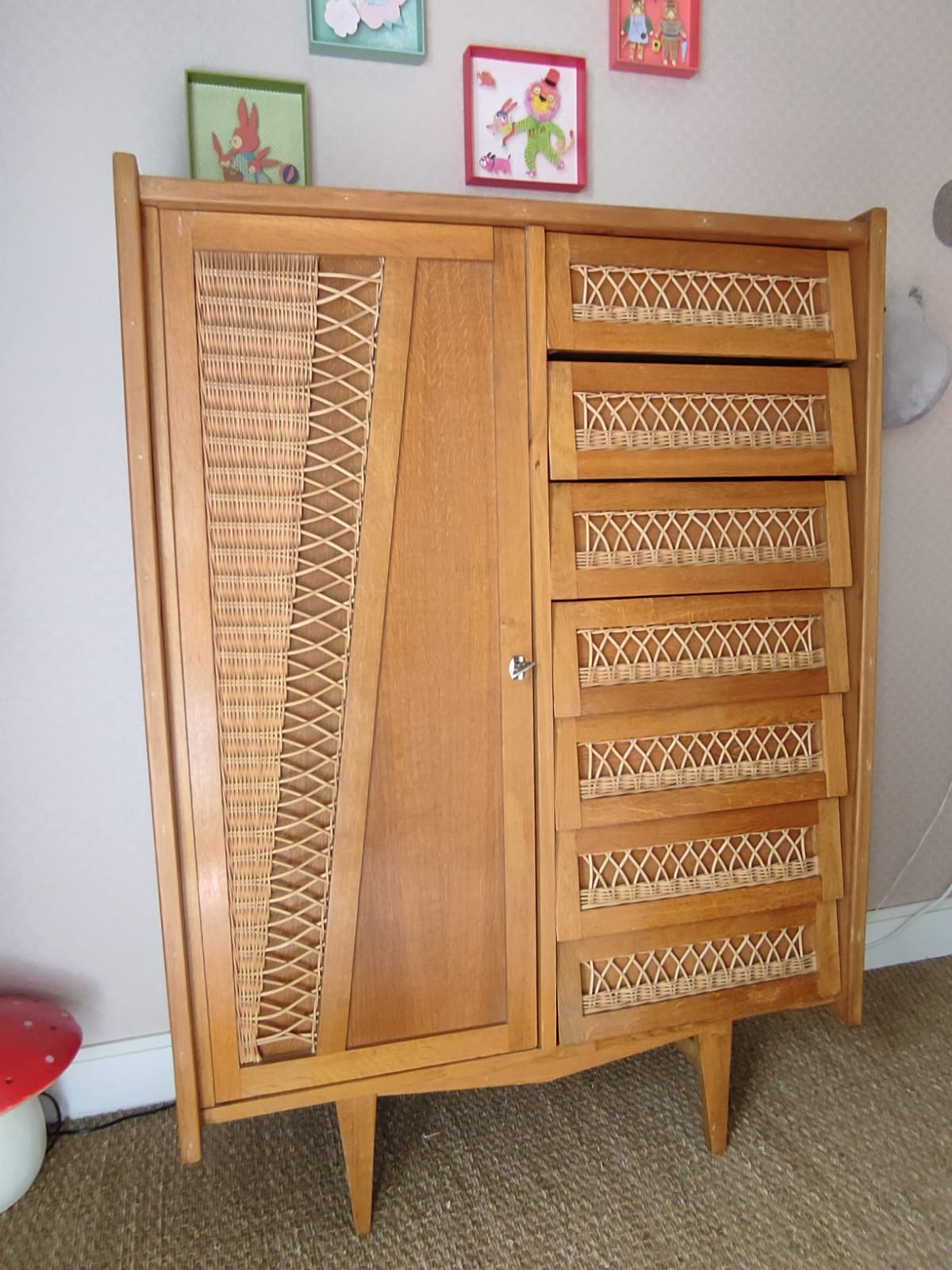 Vintage wood and rattan cabinet
