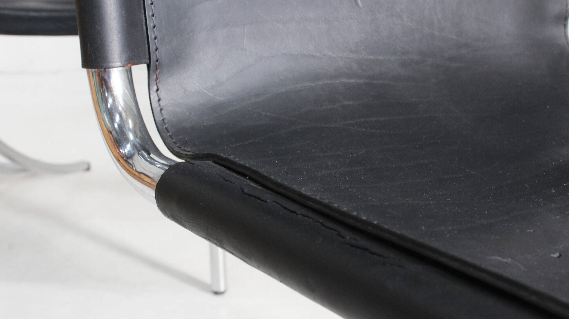 Giotto Stoppino black leather and chrome vintage dining chairs model Jot