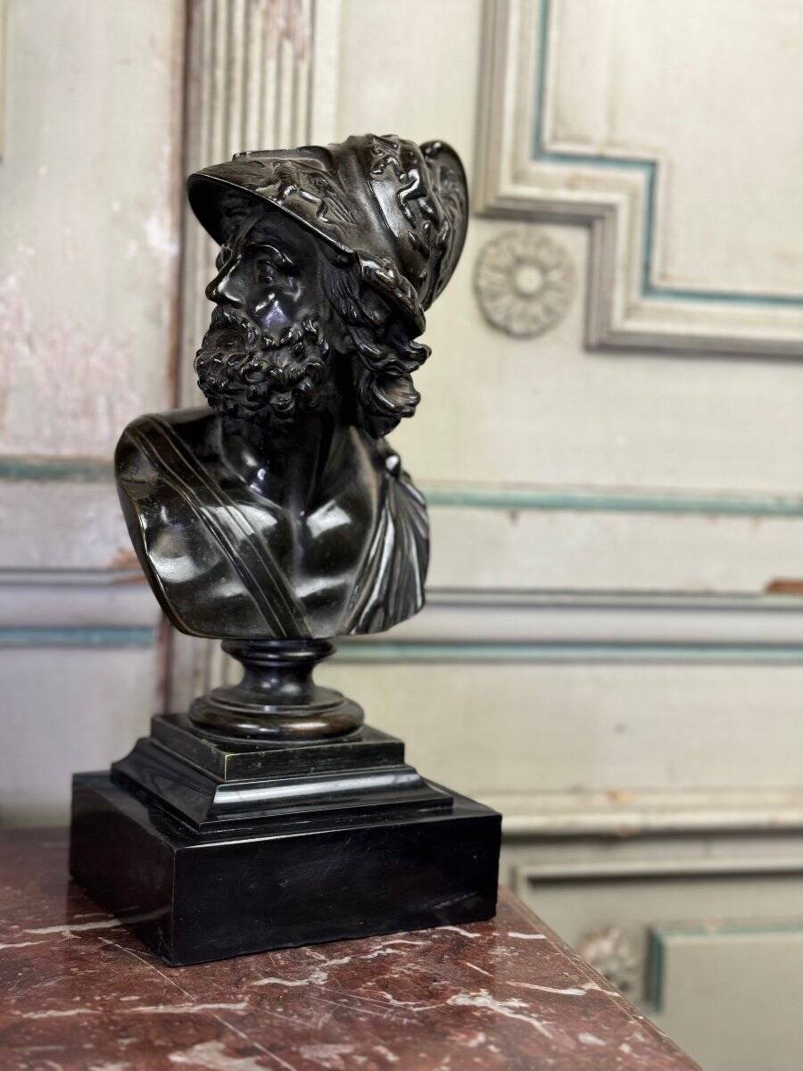 Bust of Ajax, bronze with black patina on a black Belgian marble base, 19th century.