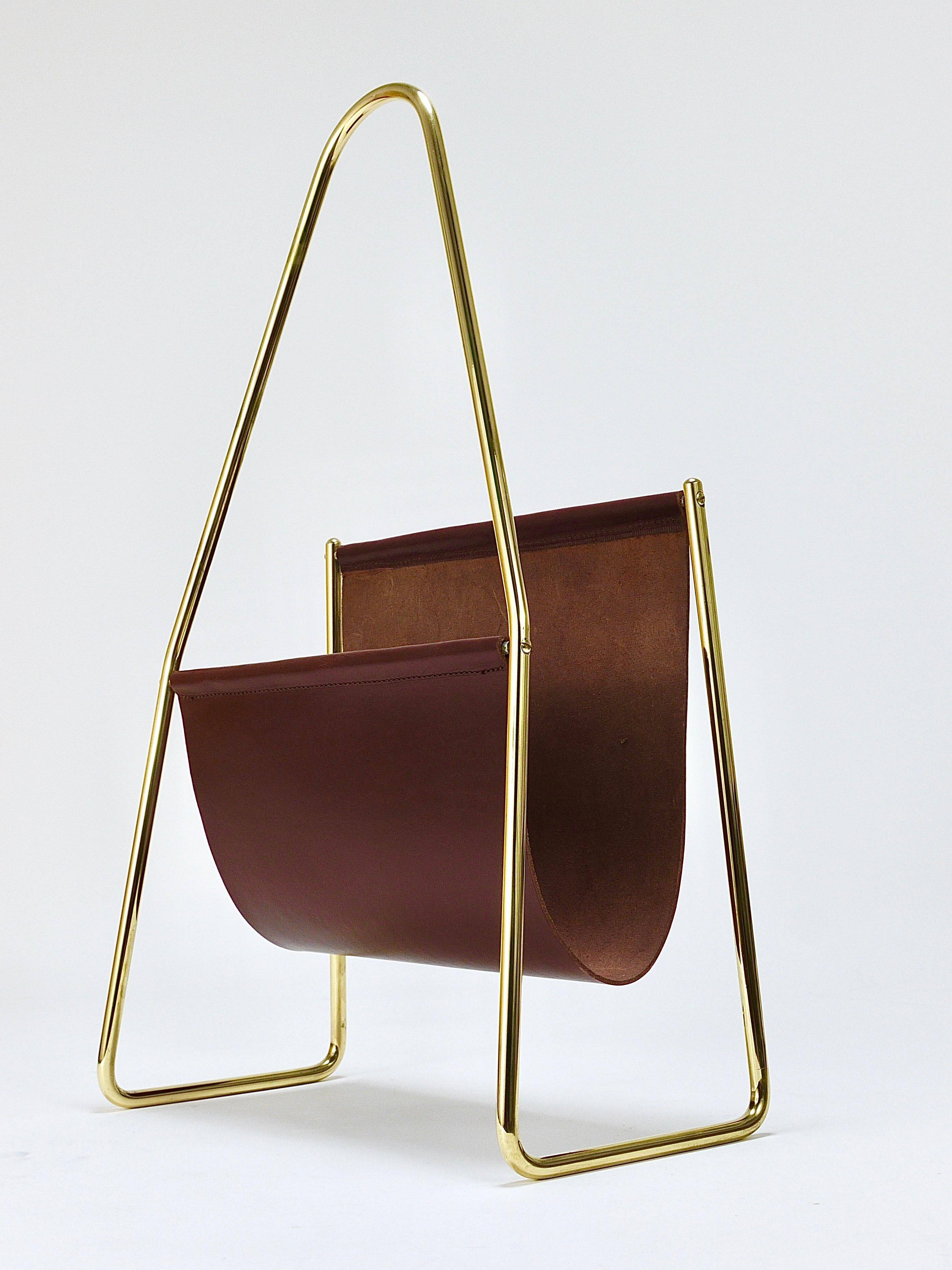 Porte-revues Carl Auböck II Midcentury, laiton et cuir marron, vintage, Autriche