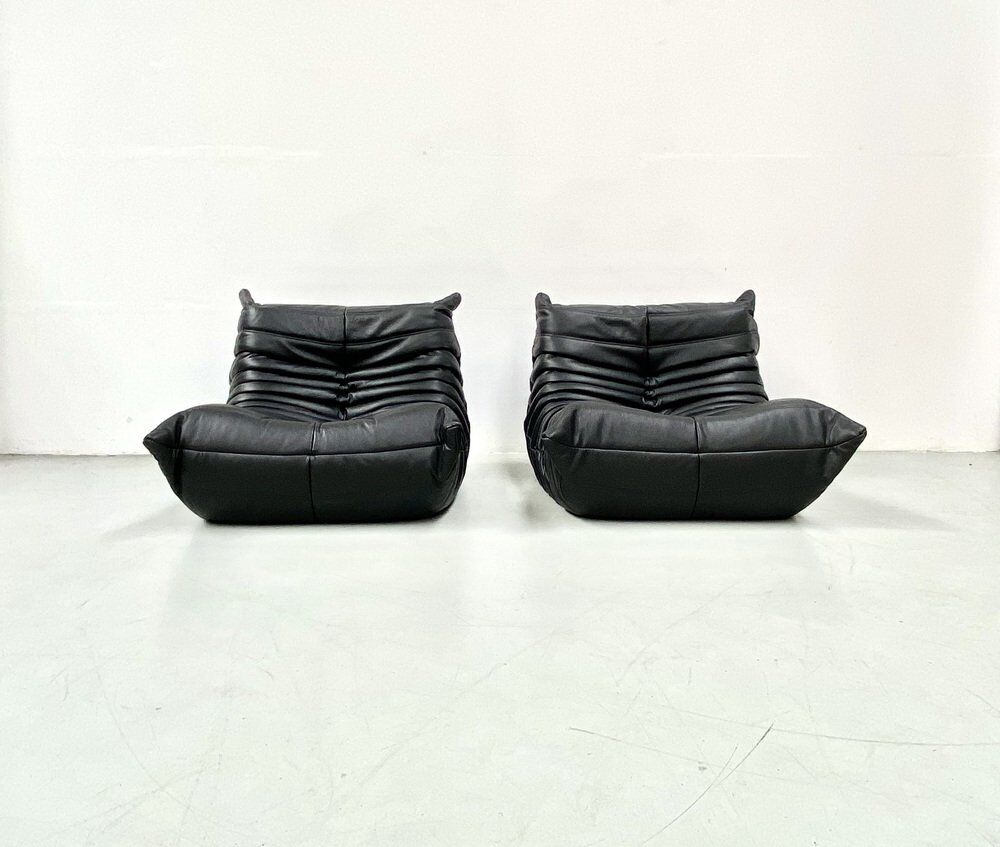 Togo lounge chairs in black leather attributed to Michel Ducaroy for Ligne Roset, set of 2