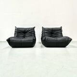 Togo lounge chairs in black leather attributed to Michel Ducaroy for Ligne Roset, set of 2