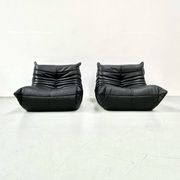 Togo lounge chairs in black leather attributed to Michel Ducaroy for Ligne Roset, set of 2