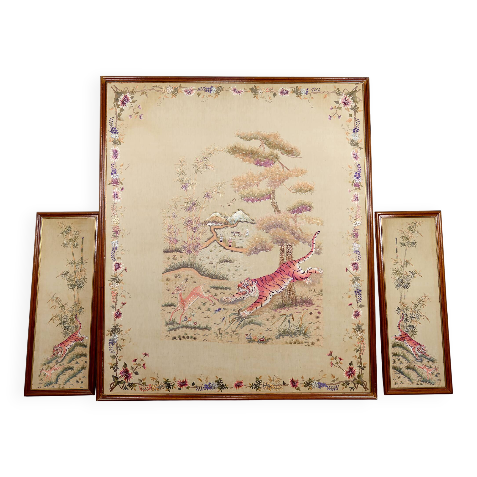 Important Set of Three Indochinese Silk Embroidered Tapestries