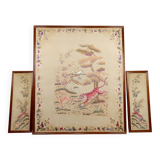 Important Set of Three Indochinese Silk Embroidered Tapestries