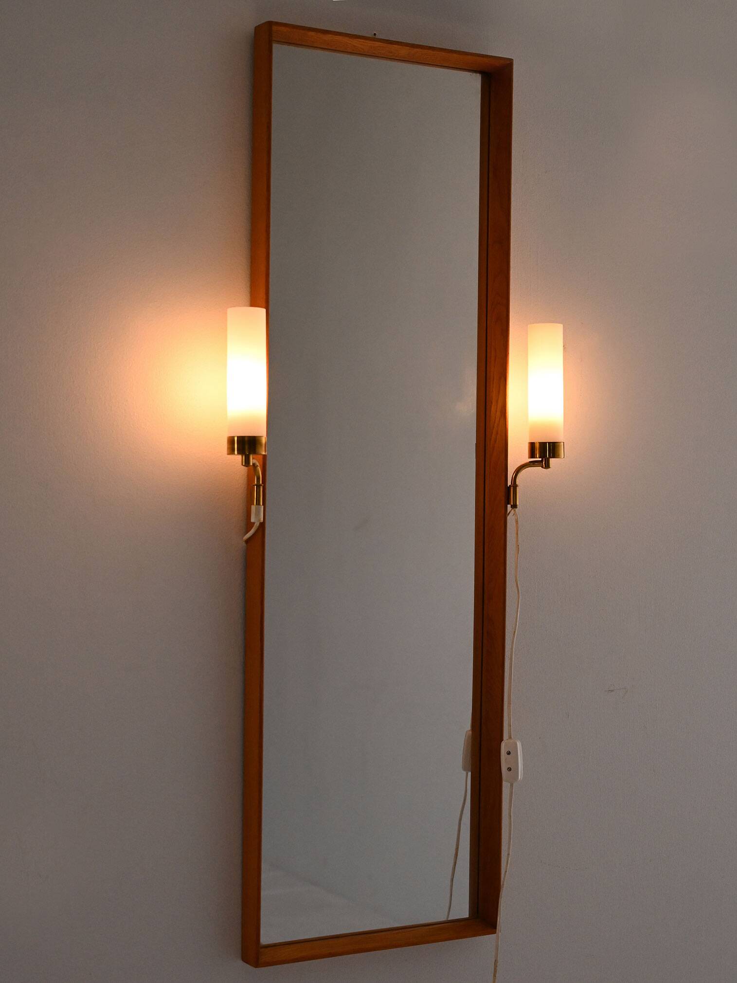 1950s Vintage Mirror with Integrated Brass Sconces