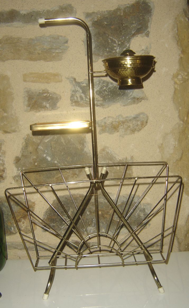 Gilded metal magazine rack and ashtray
