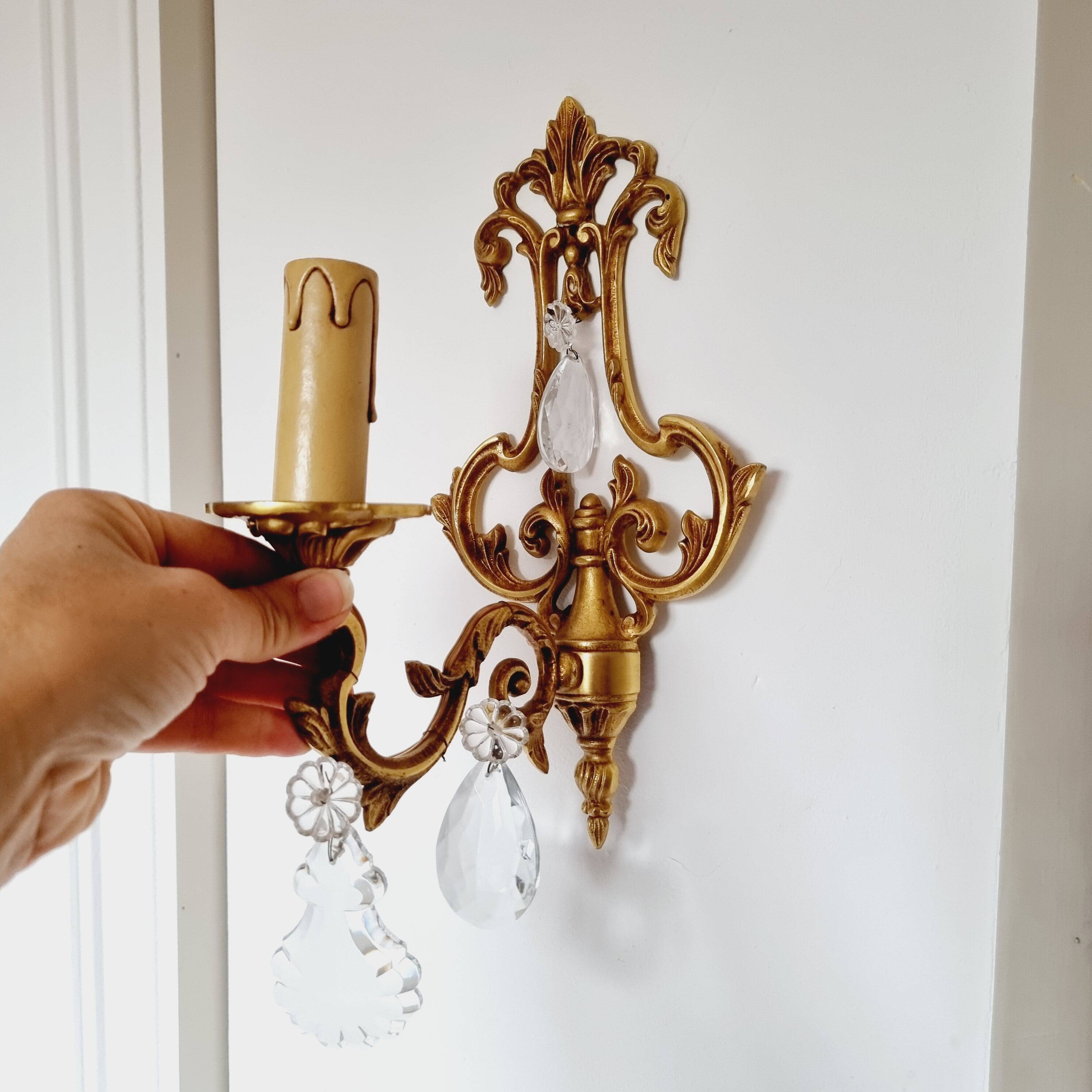 2 antique bronze and rock crystal candles and one light sconces in classic style