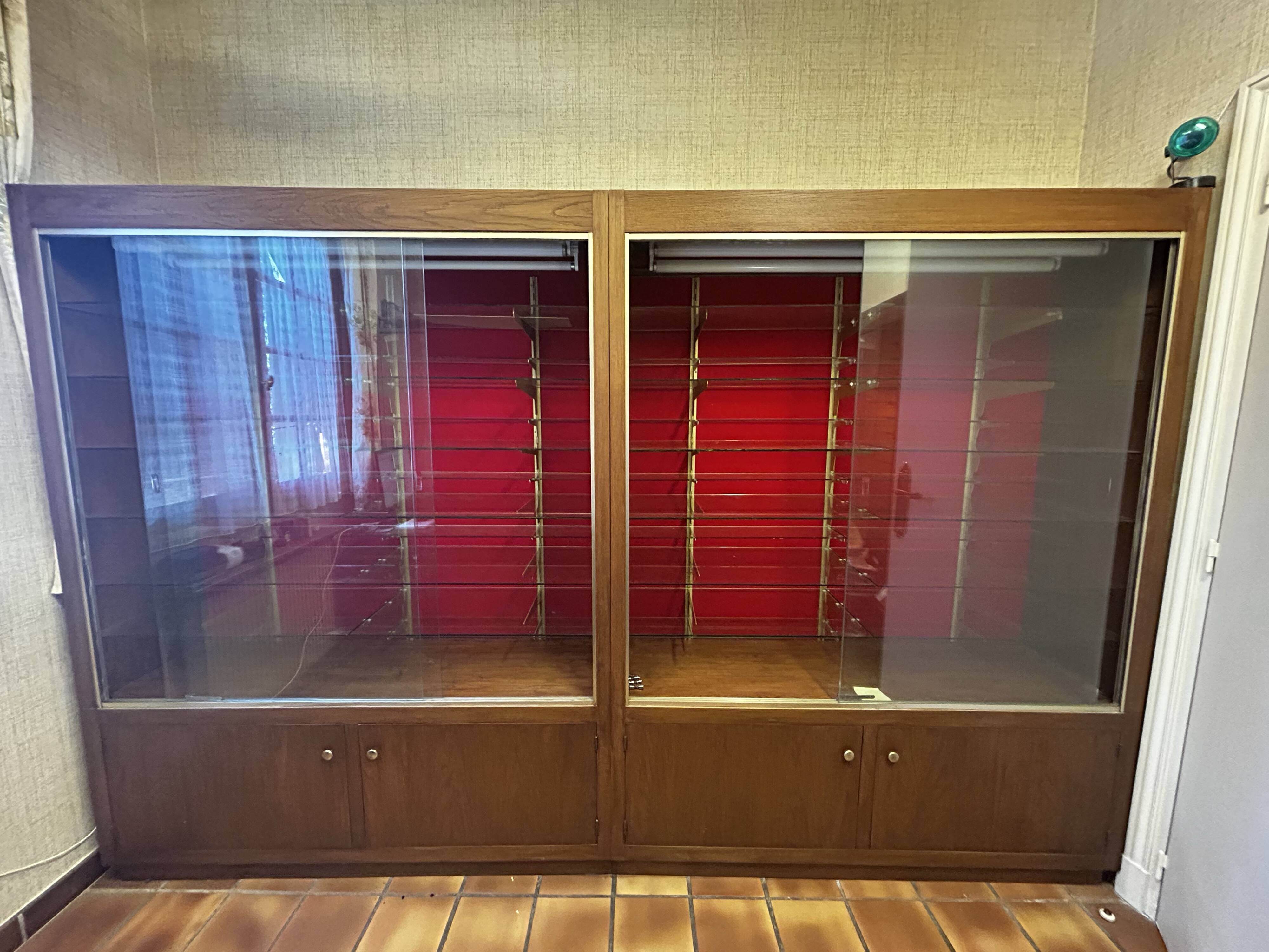 Paire de vitrines vintage en bois et verre