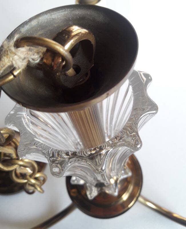 Chandelier 1950, 1960 3 lights gold metal and glass