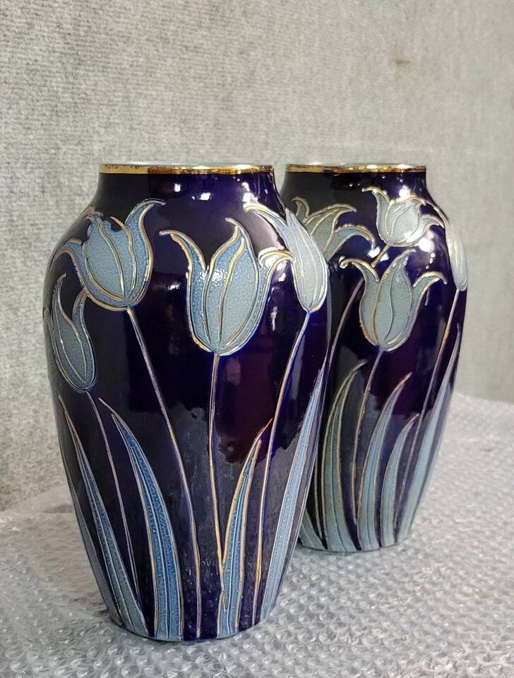 Alsace stoneware: pair of tulip vases signed Hubert Krumeich-Remmy