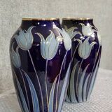 Alsace stoneware: pair of tulip vases signed Hubert Krumeich-Remmy