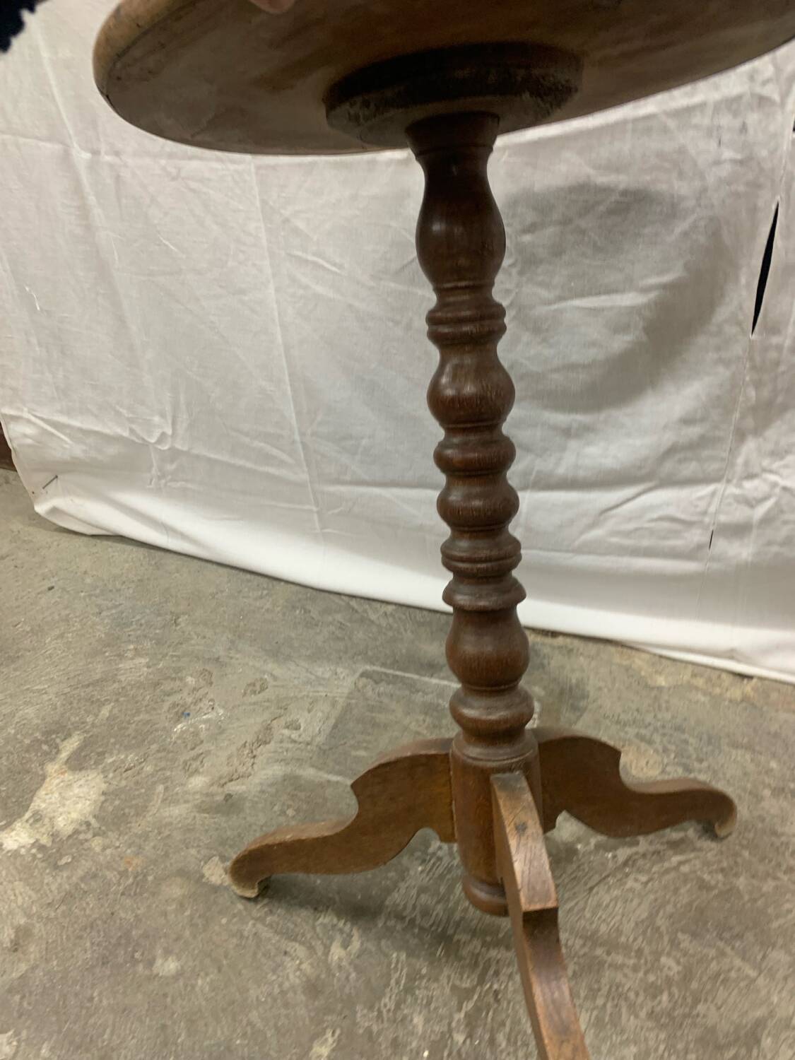 Antique pedestal table, Brutalist, wood, turned