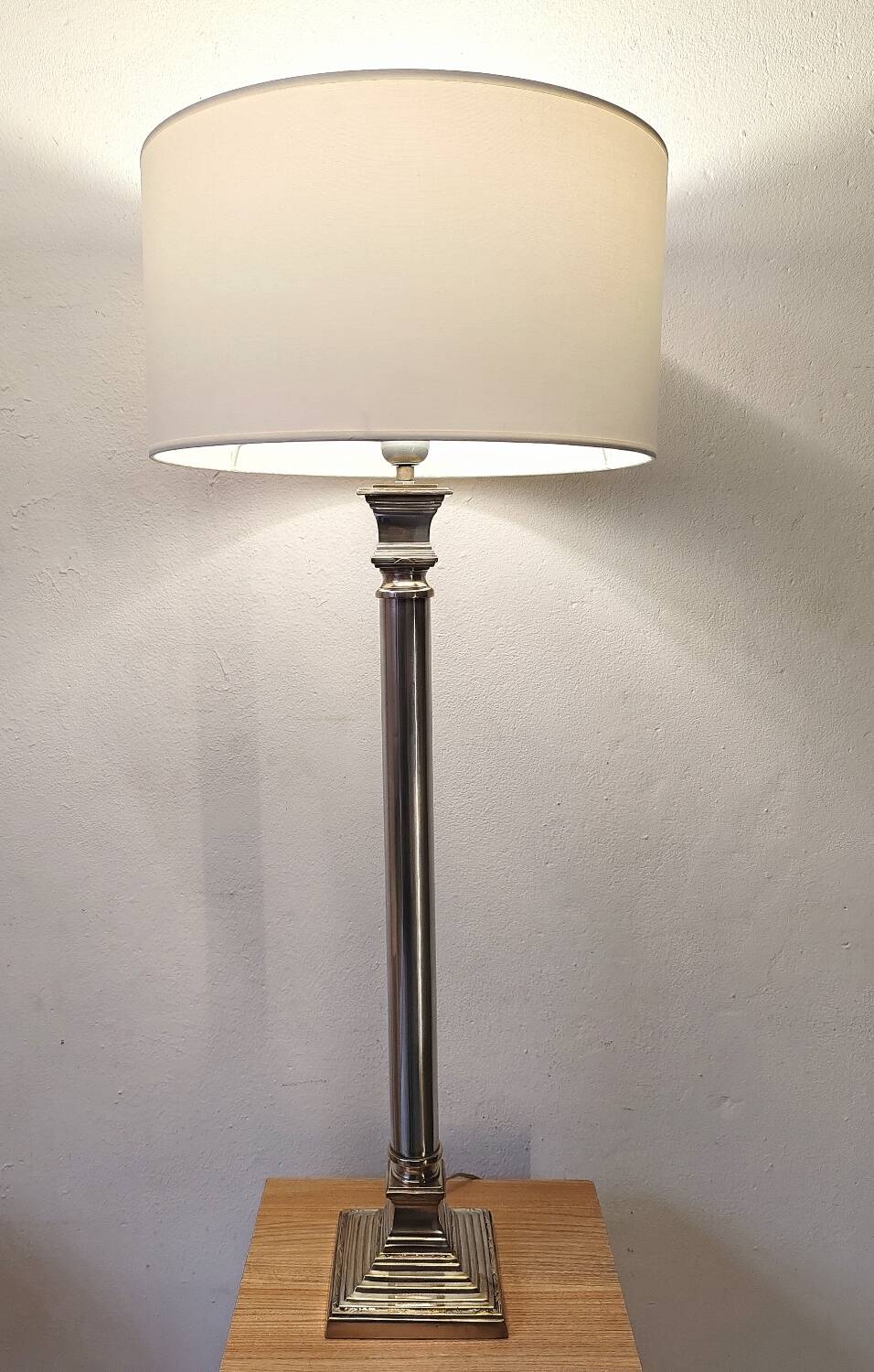 Large silver metal empire style column lamp