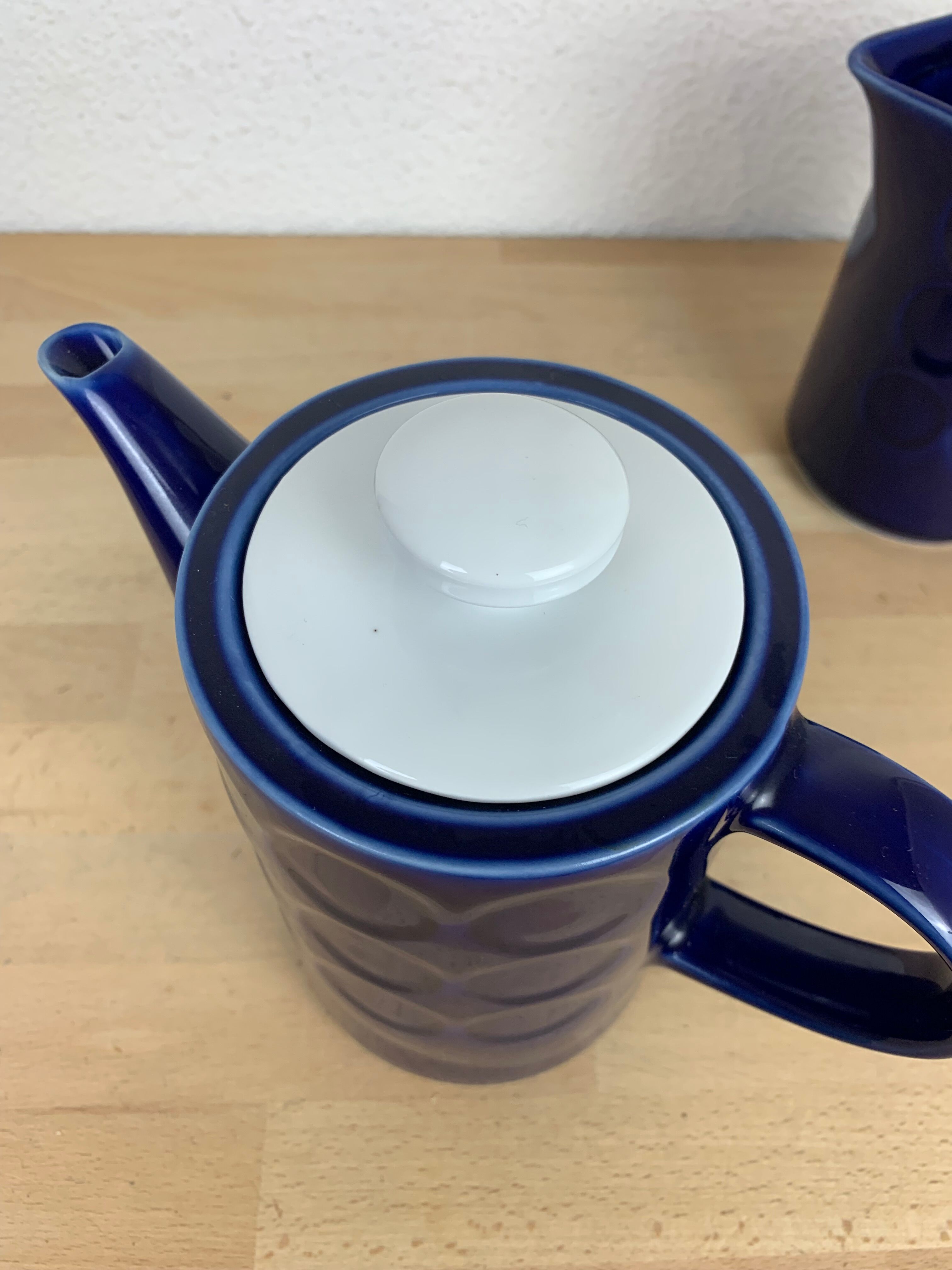 Vintage teapot and pitcher, blue ceramic