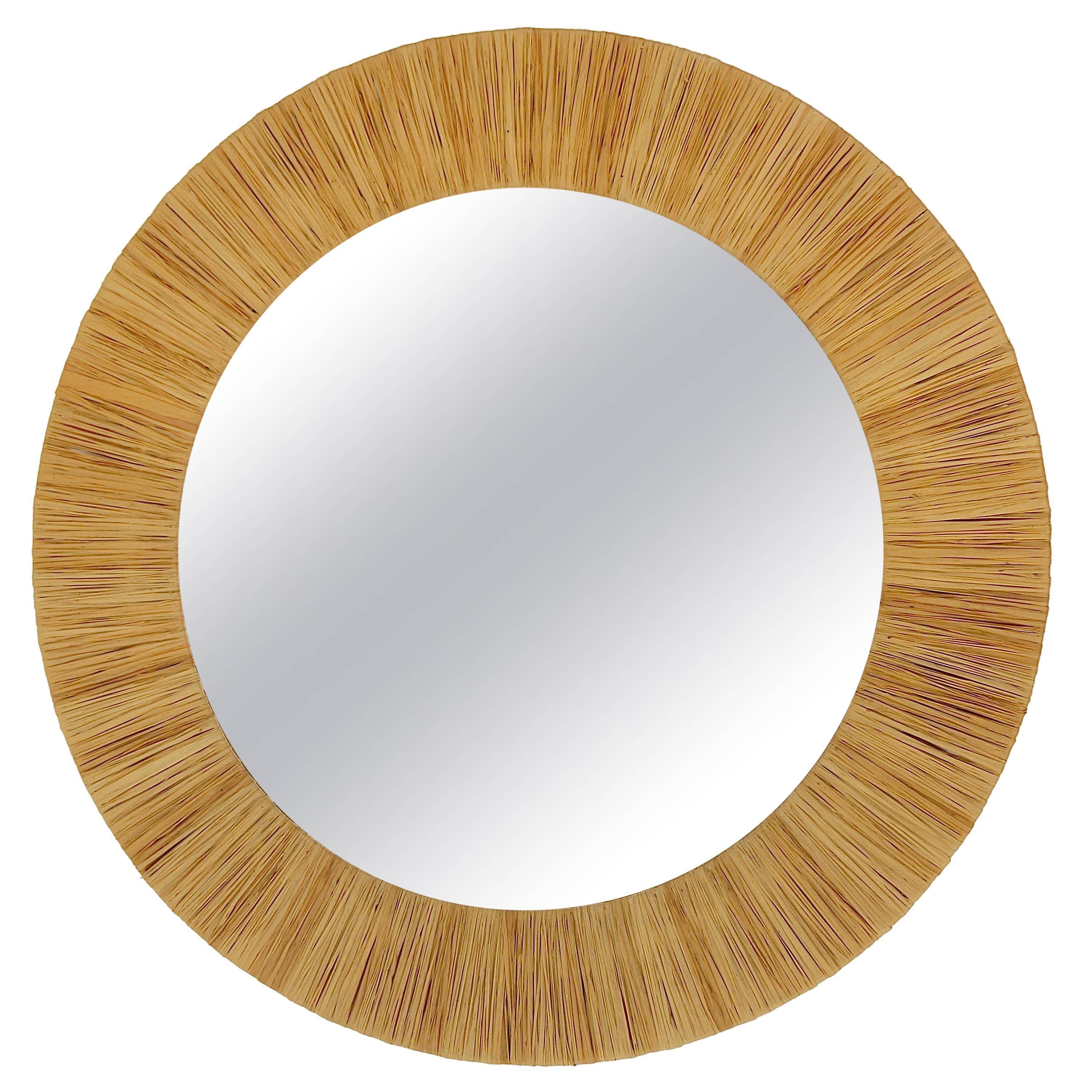 Mid-century Round Wall Mirror Italian Riviera in Raffia with a Bast Frame, 1950s
