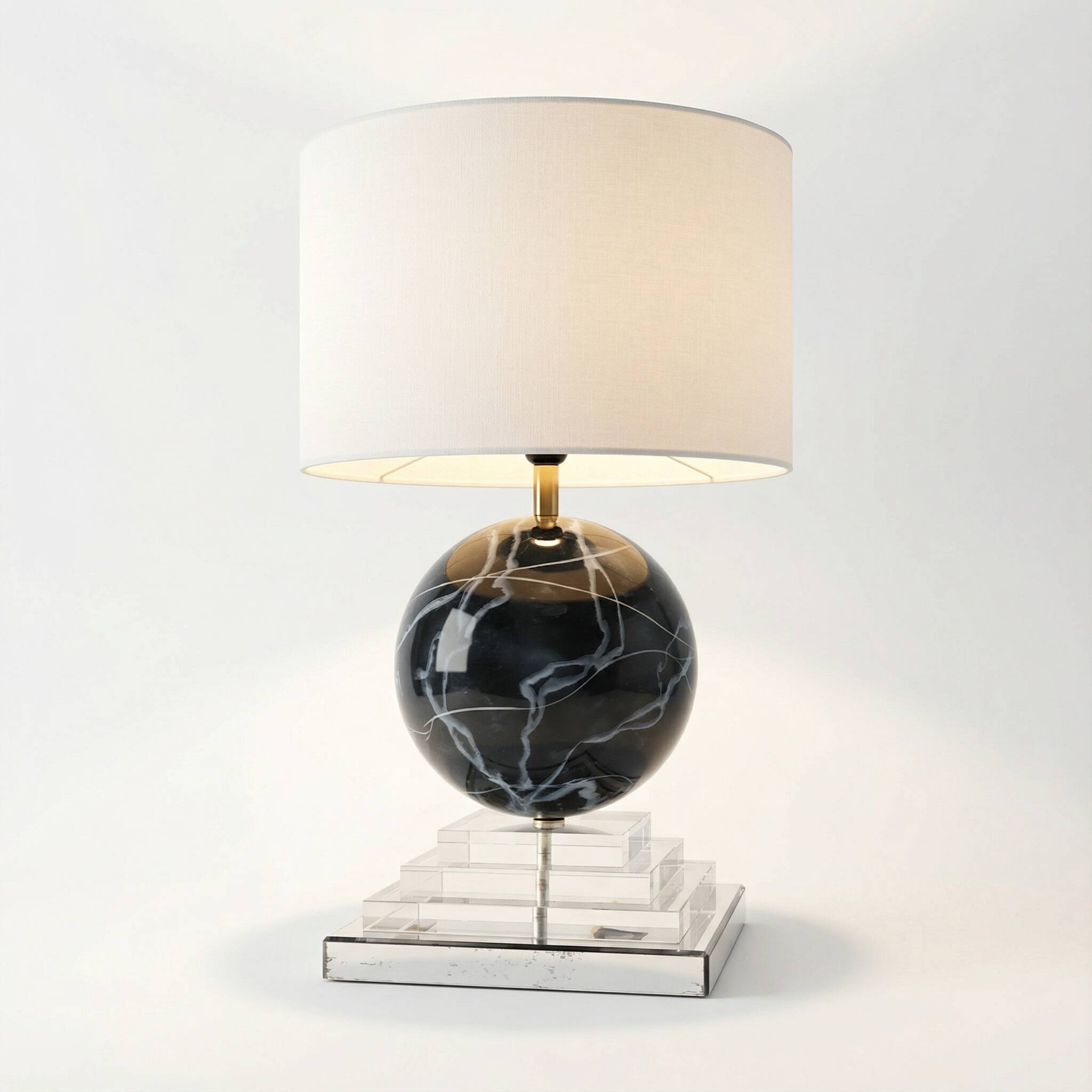 Architectural Stepped Lucite Lamp with Faux Marble Glass Sphere 1970s