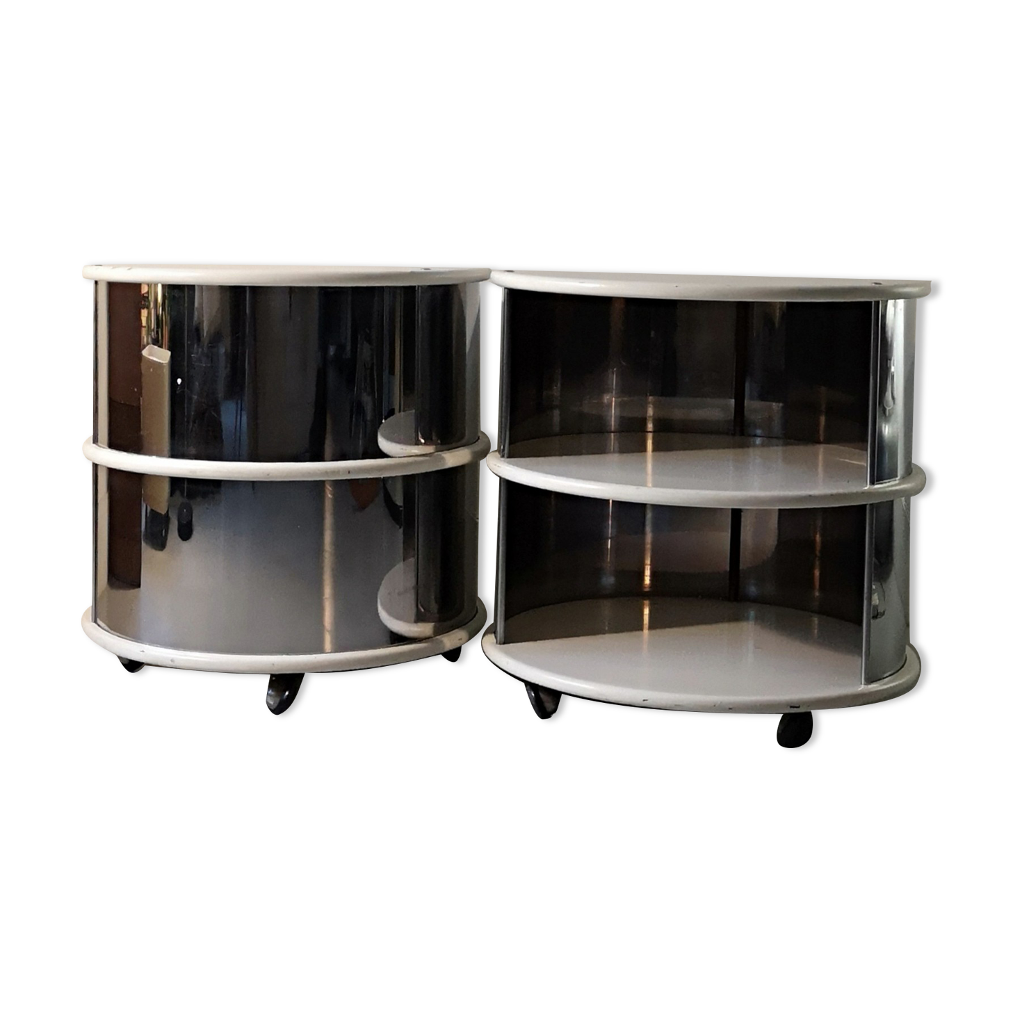 Pair of mirrored space age cylindrical bedside tables, 1960