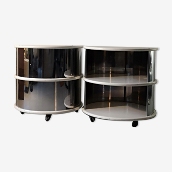 Pair of mirrored space age cylindrical bedside tables, 1960