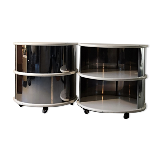 Pair of mirrored space age cylindrical bedside tables, 1960