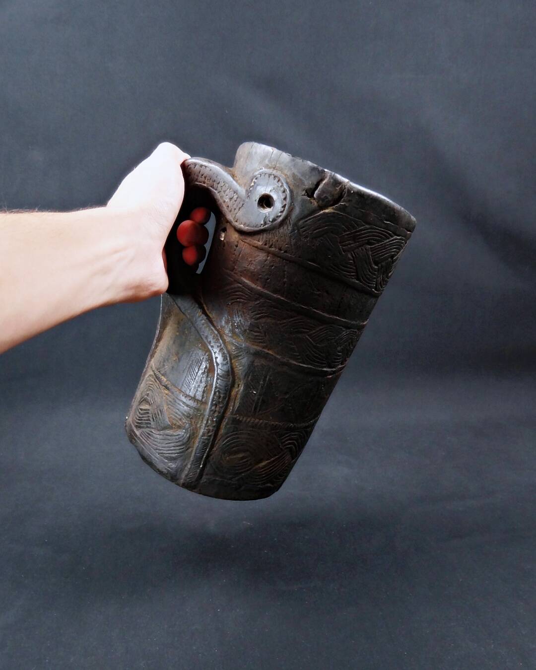 Nepalese milk jug in brown patina wood, Sherpa folk craft, 20th century