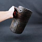 Nepalese milk jug in brown patina wood, Sherpa folk craft, 20th century