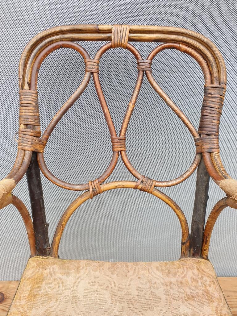 Children's armchair 1890 Chestnut, Rattan and damask velvet