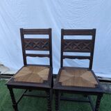 Pair of Vintage Chairs in Carved Wood and Woven Straw Seat - Style