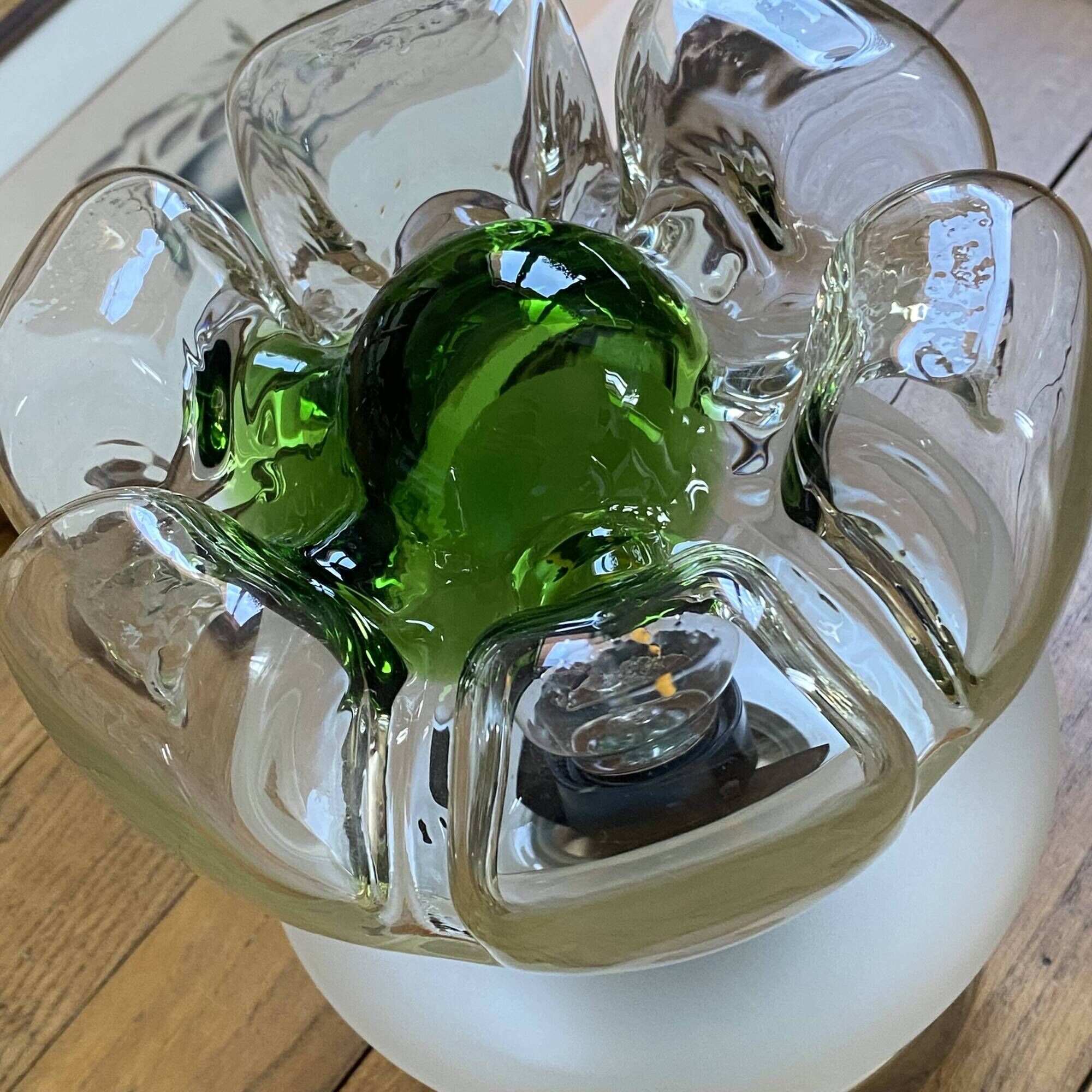 Vintage ceiling light Murano glass Mazzega green flower and stainless steel