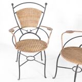 Pair of iron and rattan armchairs