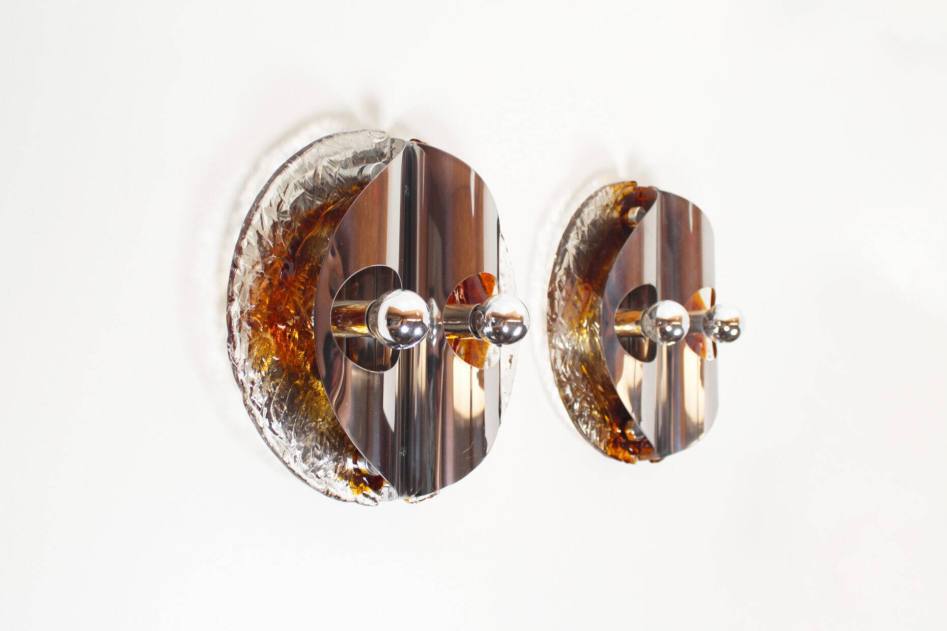 Stunning large pair of Murano glass and chrome wall lights by Mazzega