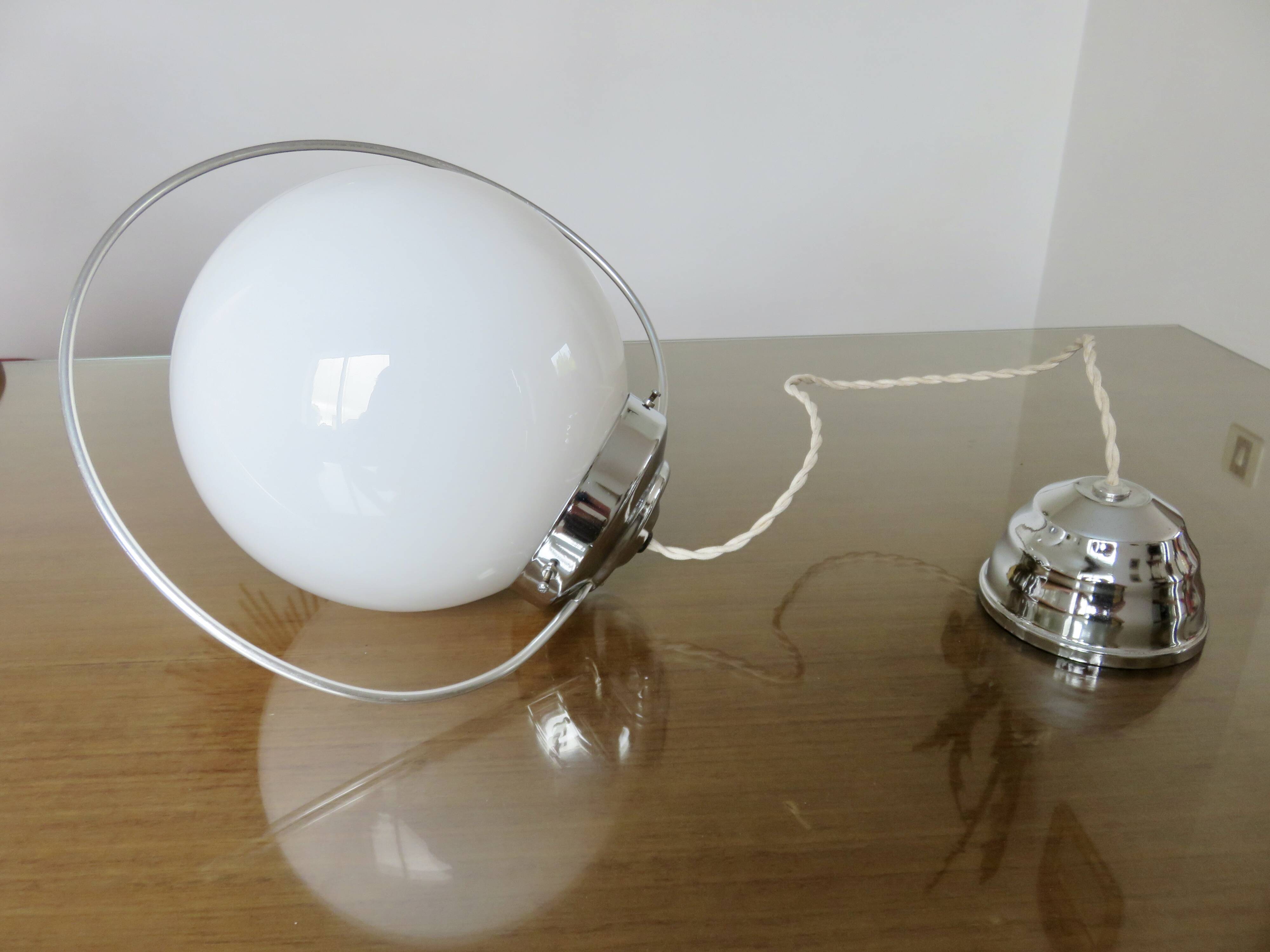 Art Deco pendant light in opaline and chrome-plated brass, 1930s-1940s