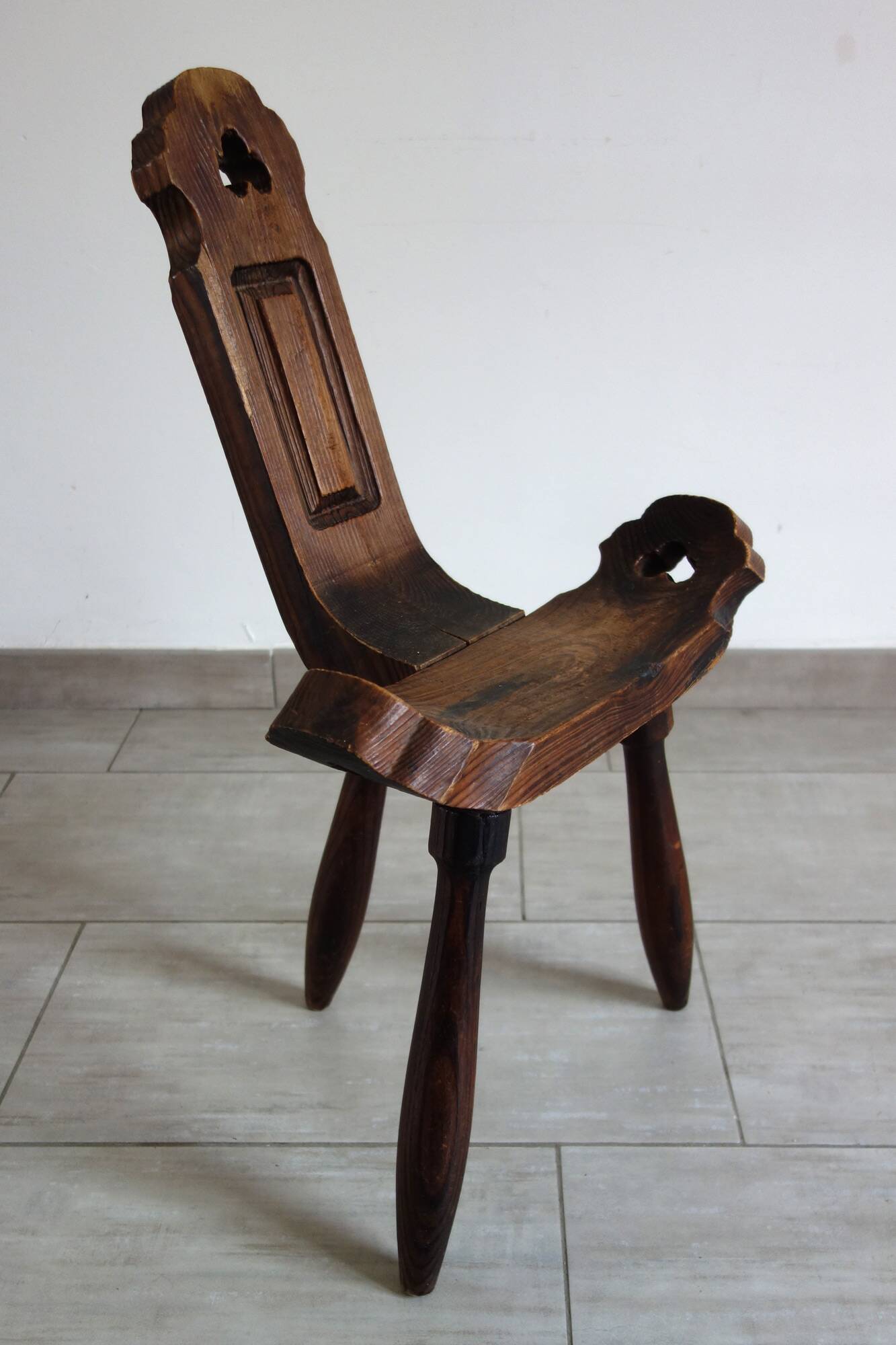 Brutalist Tripod Chair in Sculpted Wood, France