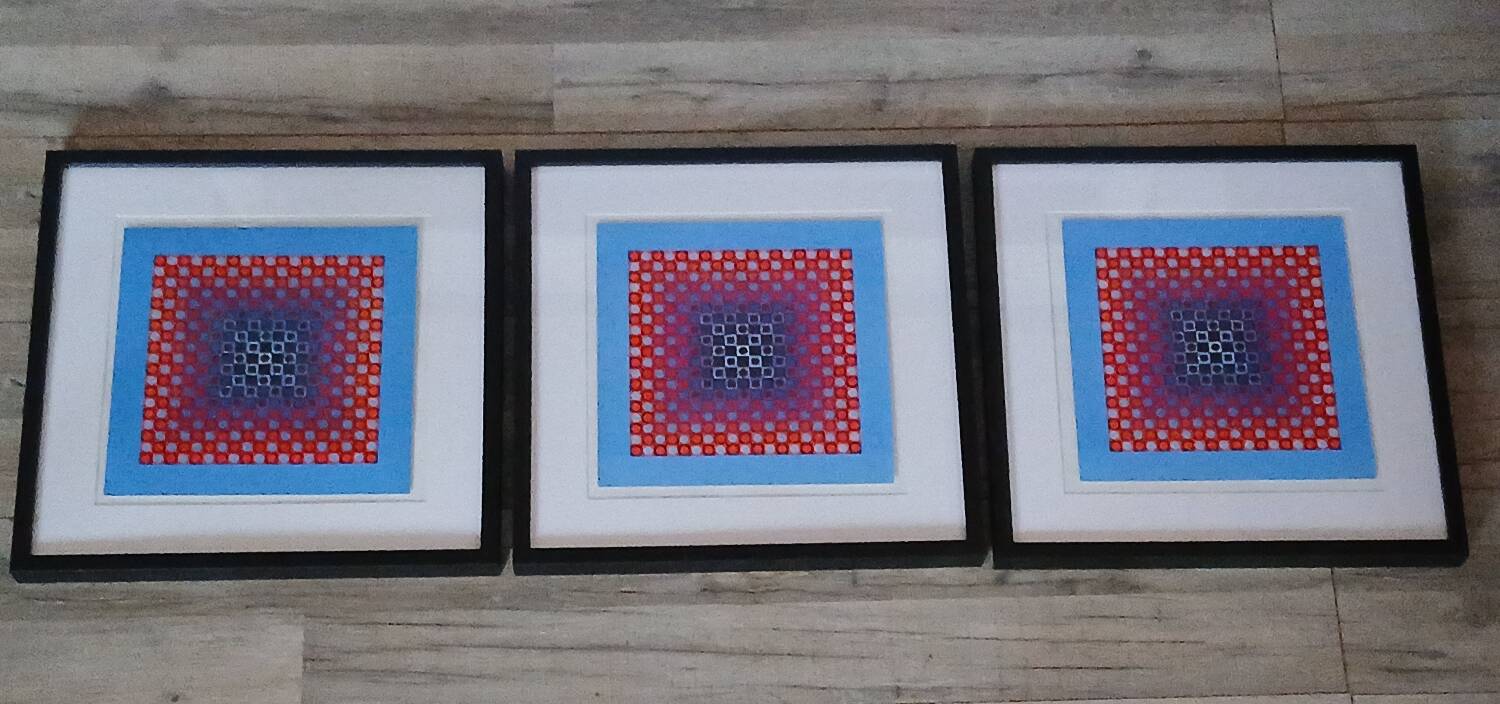 Trio Vintage Optical Art Tableaux - Victor Vasarely - Frames 40x40cm