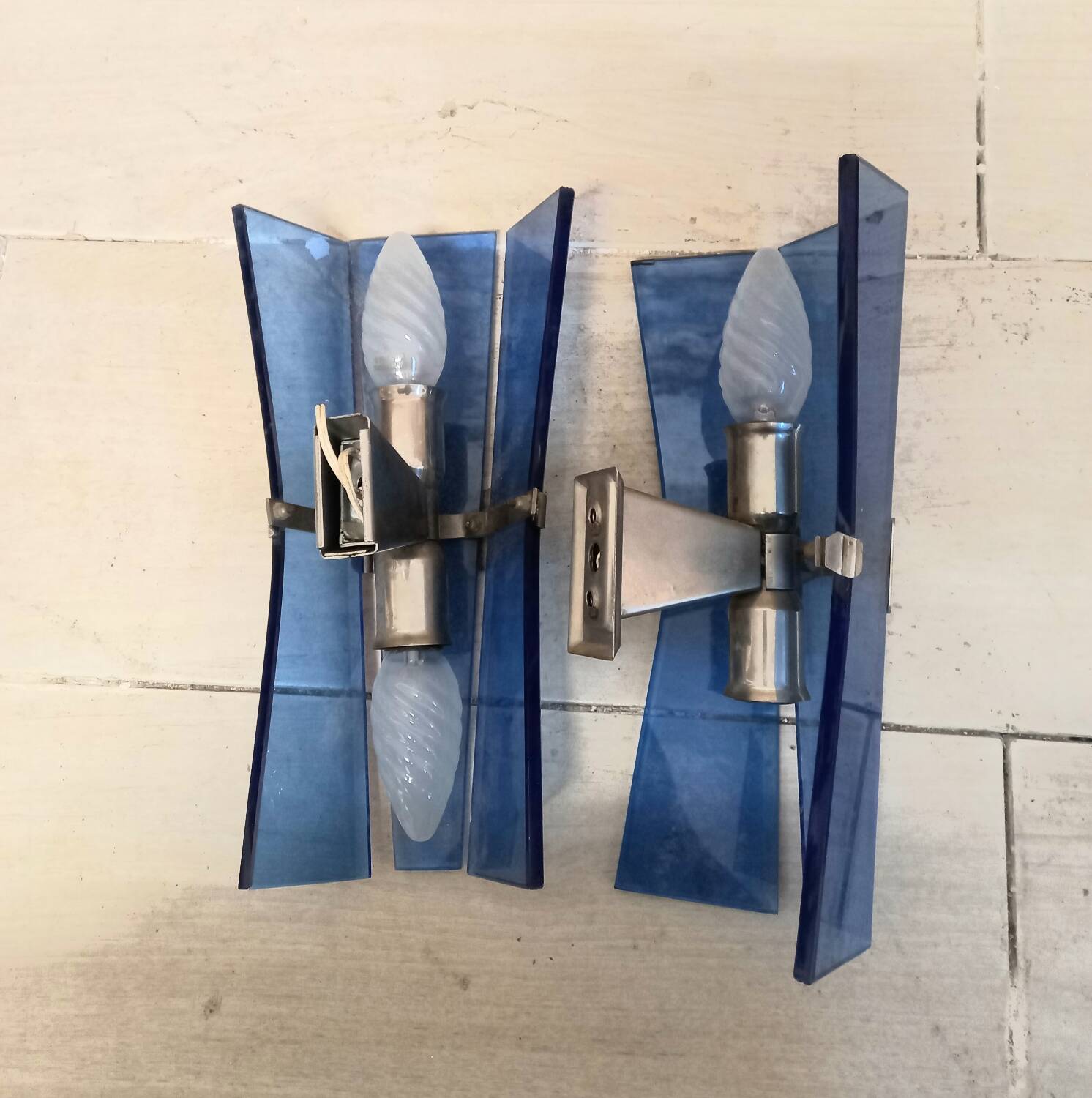 Pair of walllamps 70s blue glass